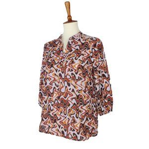 Cure Brown Geometric Print 3/4 Sleeve Lace Detail Top Small